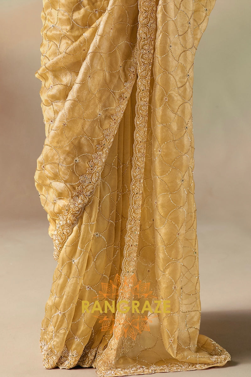 Golden Glow Satin Organza Saree with Sequin & Stone Embroidery