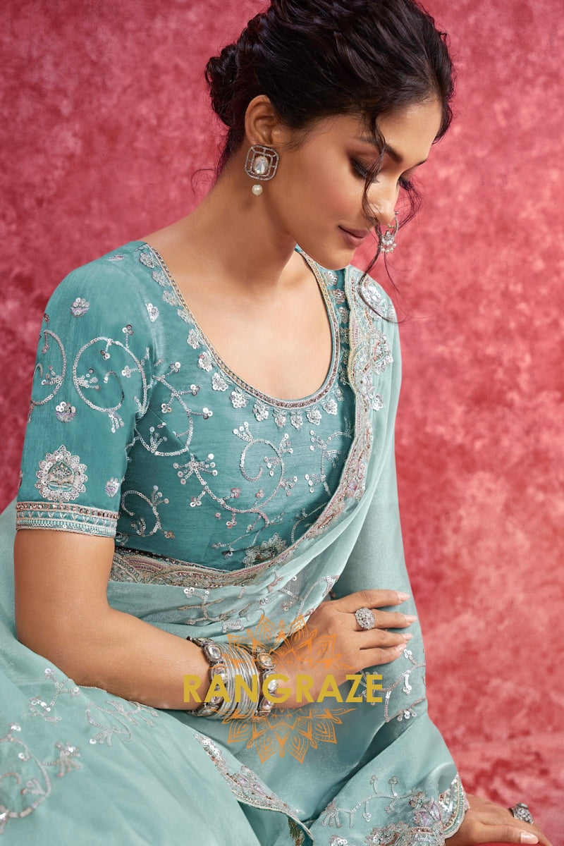Pure Organza Tissue Embroidered Saree in Aqua Blue