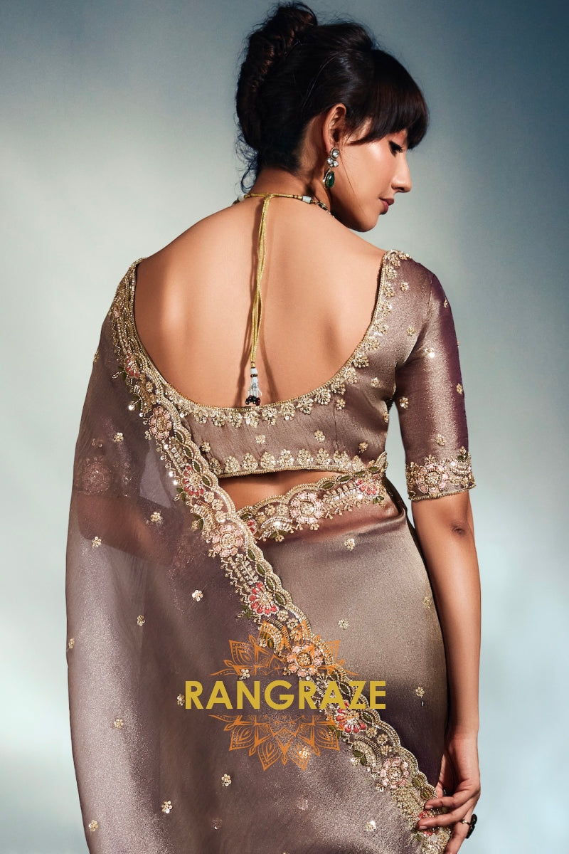Taupe Grey Pure Organza Embroidered Saree with Designer Blouse