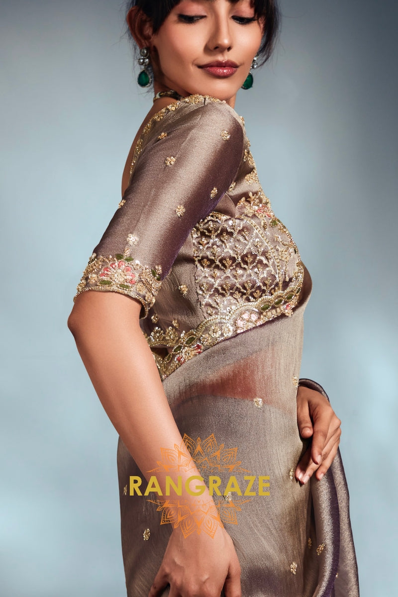 Taupe Grey Pure Organza Embroidered Saree with Designer Blouse