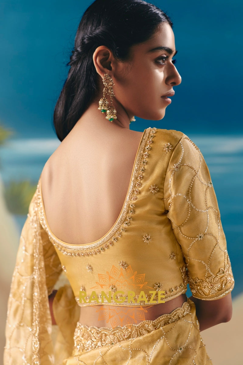 Golden Glow Satin Organza Saree with Sequin & Stone Embroidery