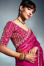 Pure Organza Embroidered Saree in Fuchsia Pink