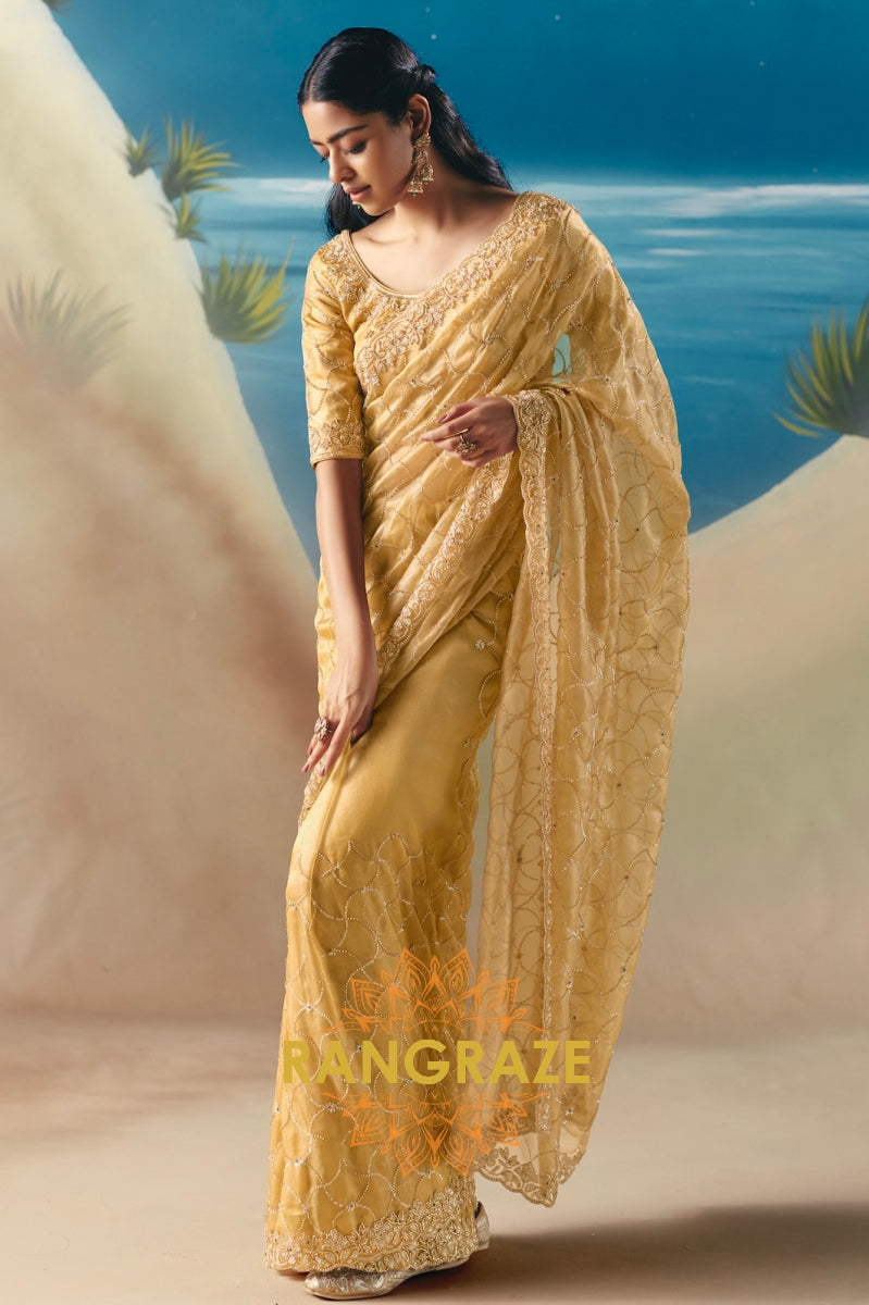 Golden Glow Satin Organza Saree with Sequin & Stone Embroidery