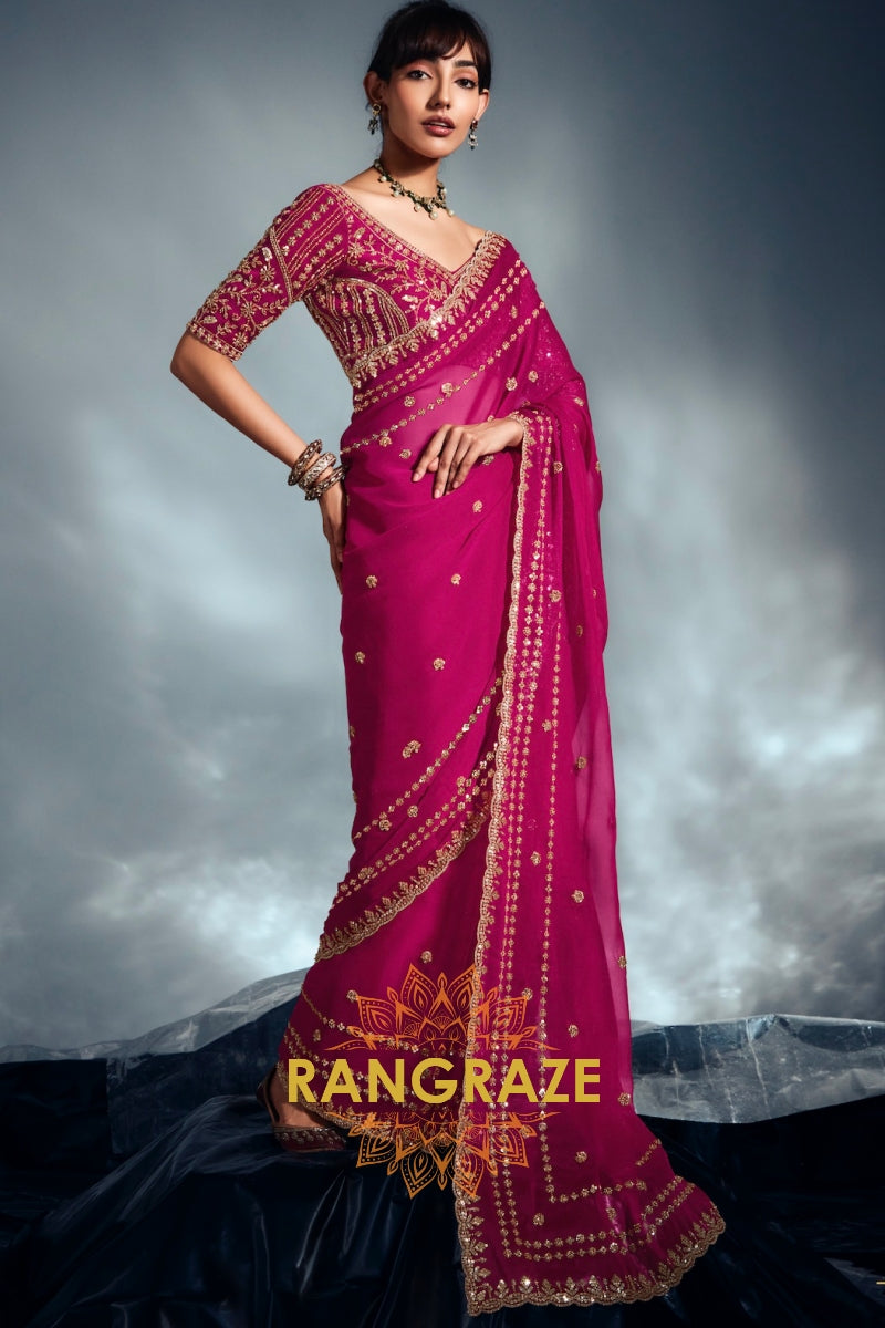 Pure Organza Embroidered Saree in Fuchsia Pink