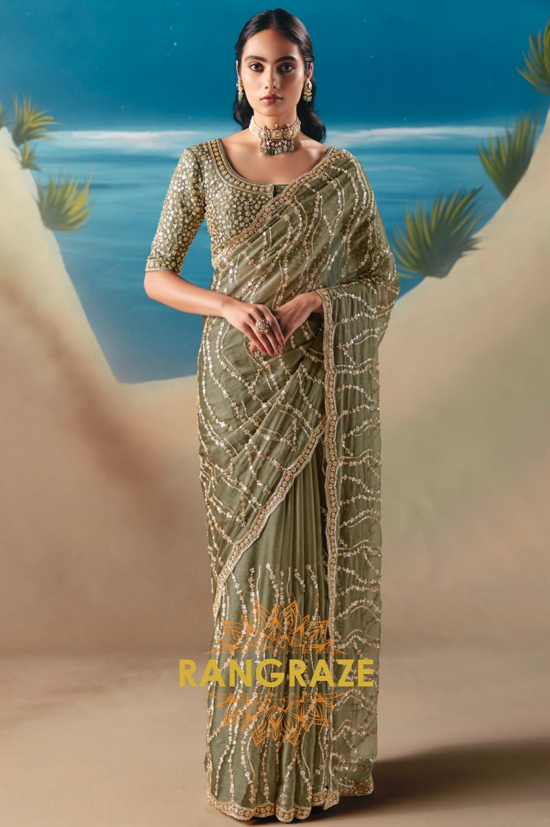 Olive Mist Satin Organza Saree with Intricate Sequin & Bead Work