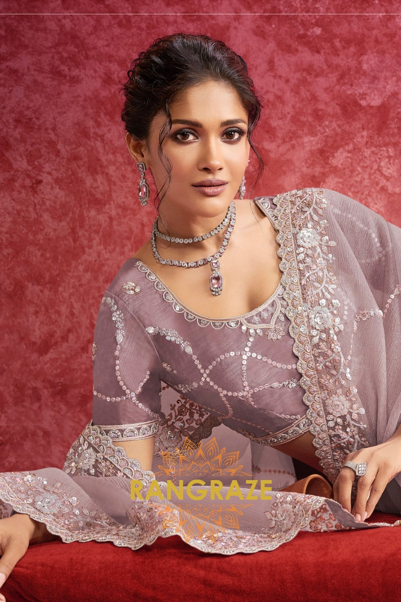 Dusty Mauve Crush Tissue Embroidered Saree