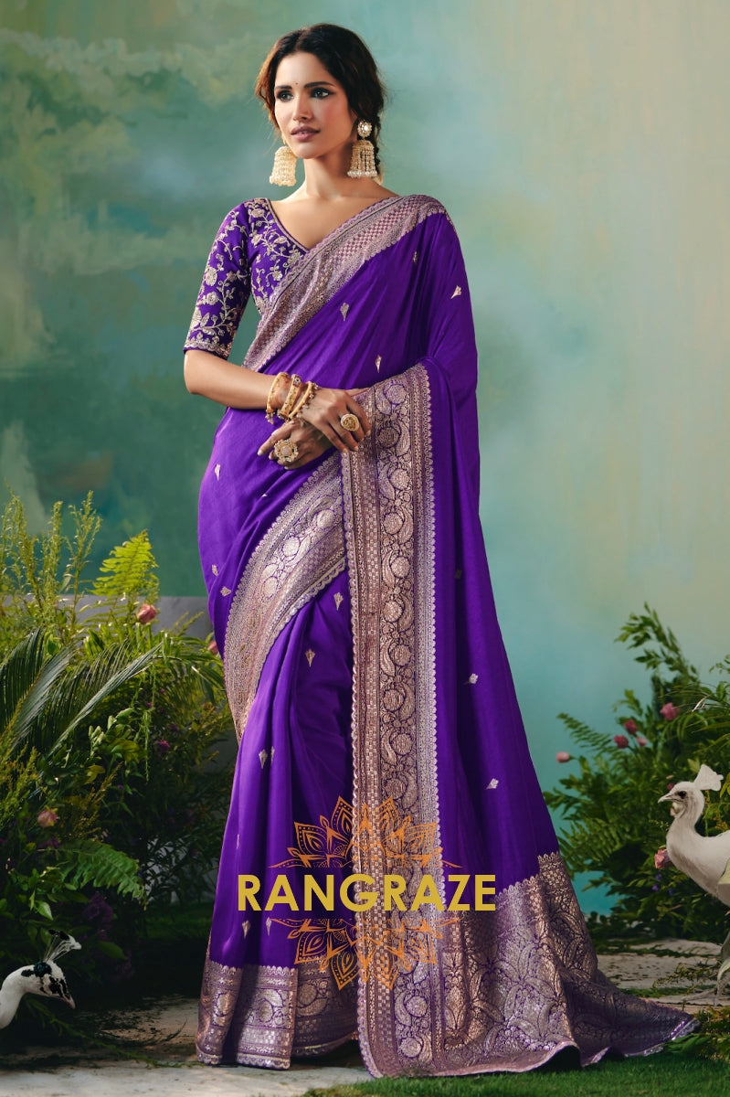 Royal Amethyst Silk Saree with Zari Weaving & Sequin Embroidery Border