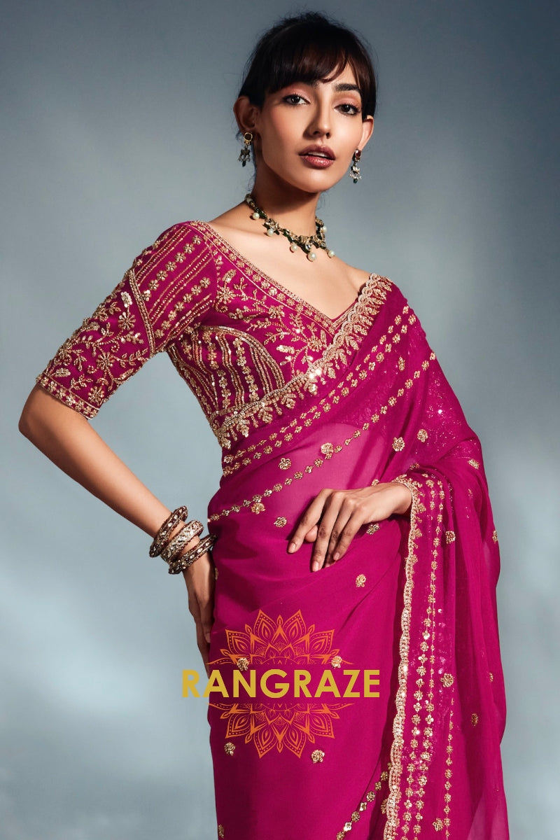 Pure Organza Embroidered Saree in Fuchsia Pink