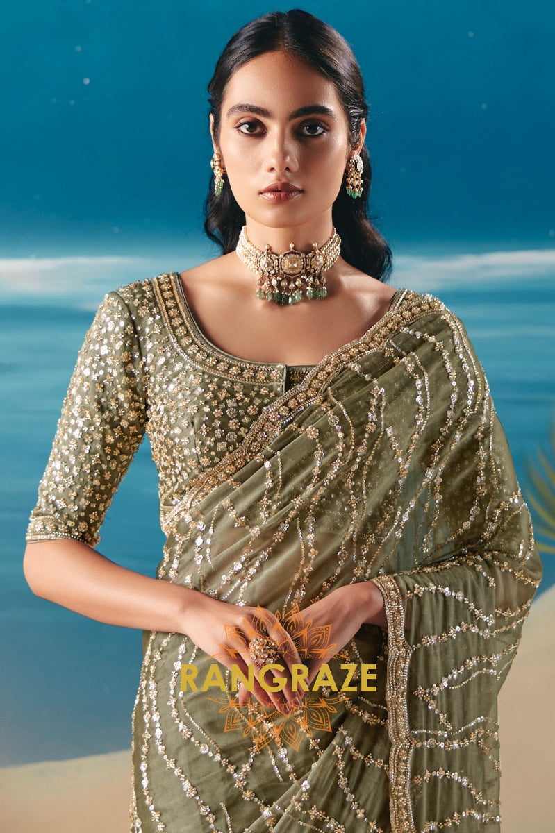 Olive Mist Satin Organza Saree with Intricate Sequin & Bead Work