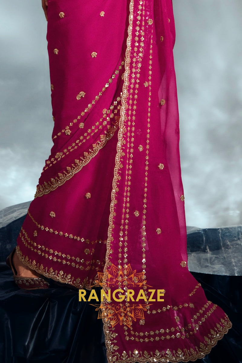 Pure Organza Embroidered Saree in Fuchsia Pink