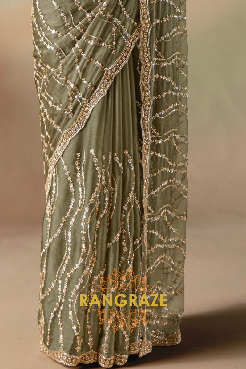 Olive Mist Satin Organza Saree with Intricate Sequin & Bead Work