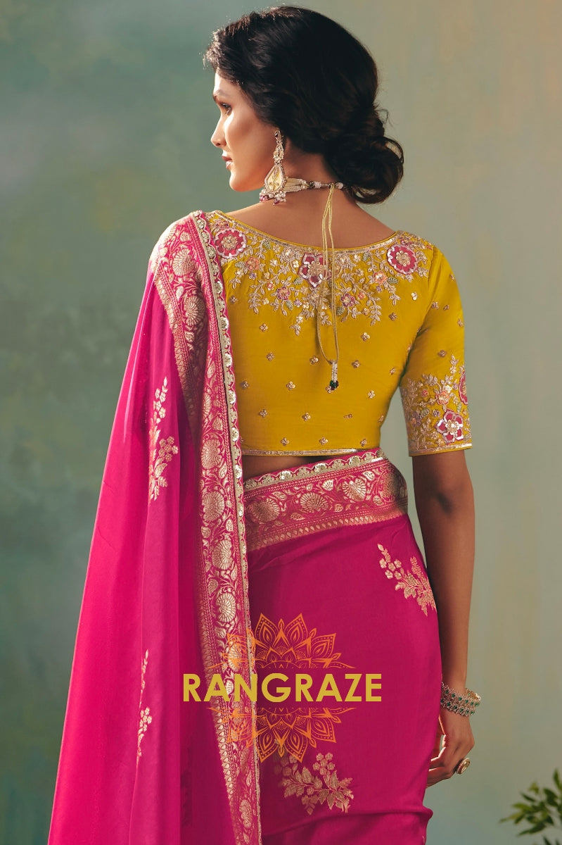 Radiant Fuchsia Silk Saree with Zari Weaving & Floral Embroidered Contrast Blouse