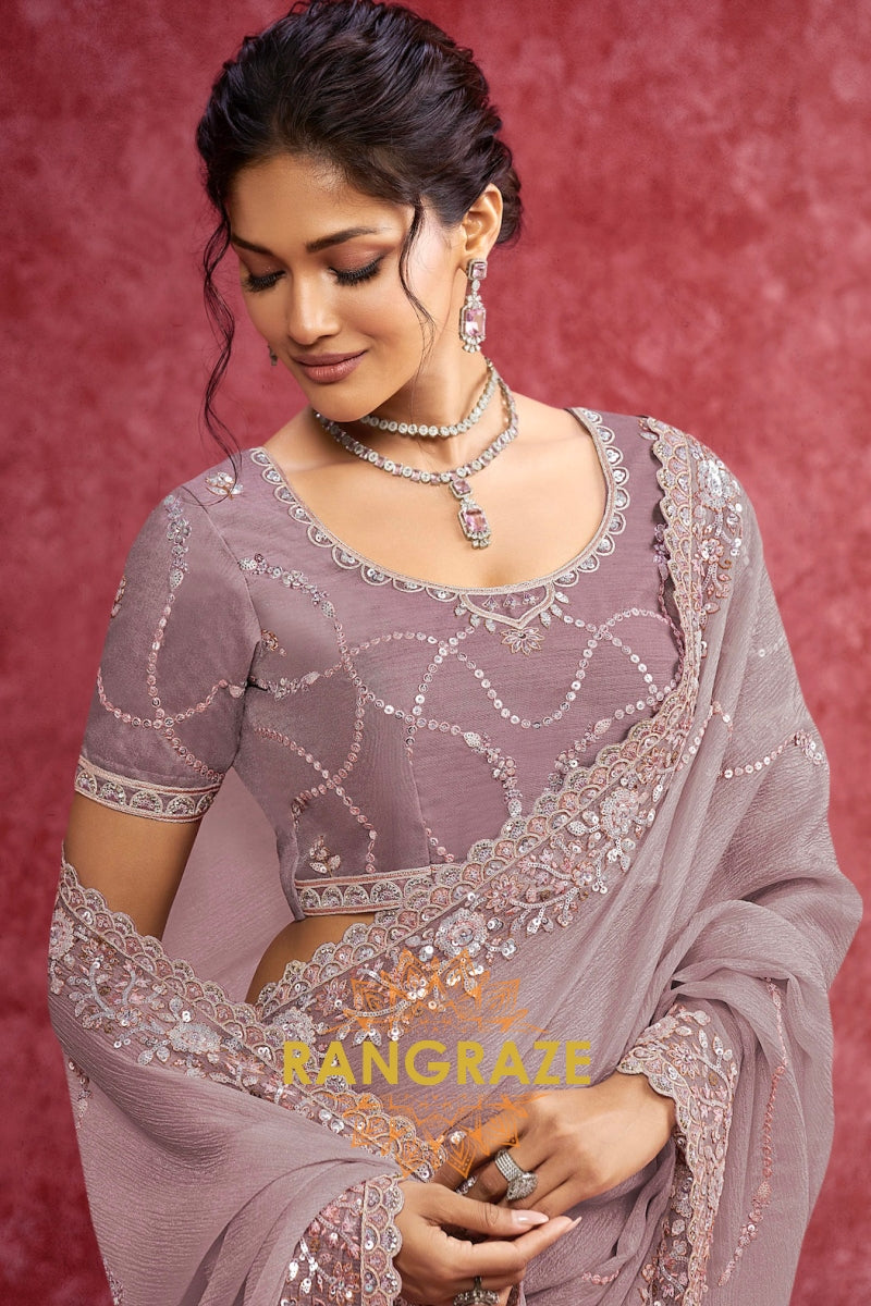 Dusty Mauve Crush Tissue Embroidered Saree