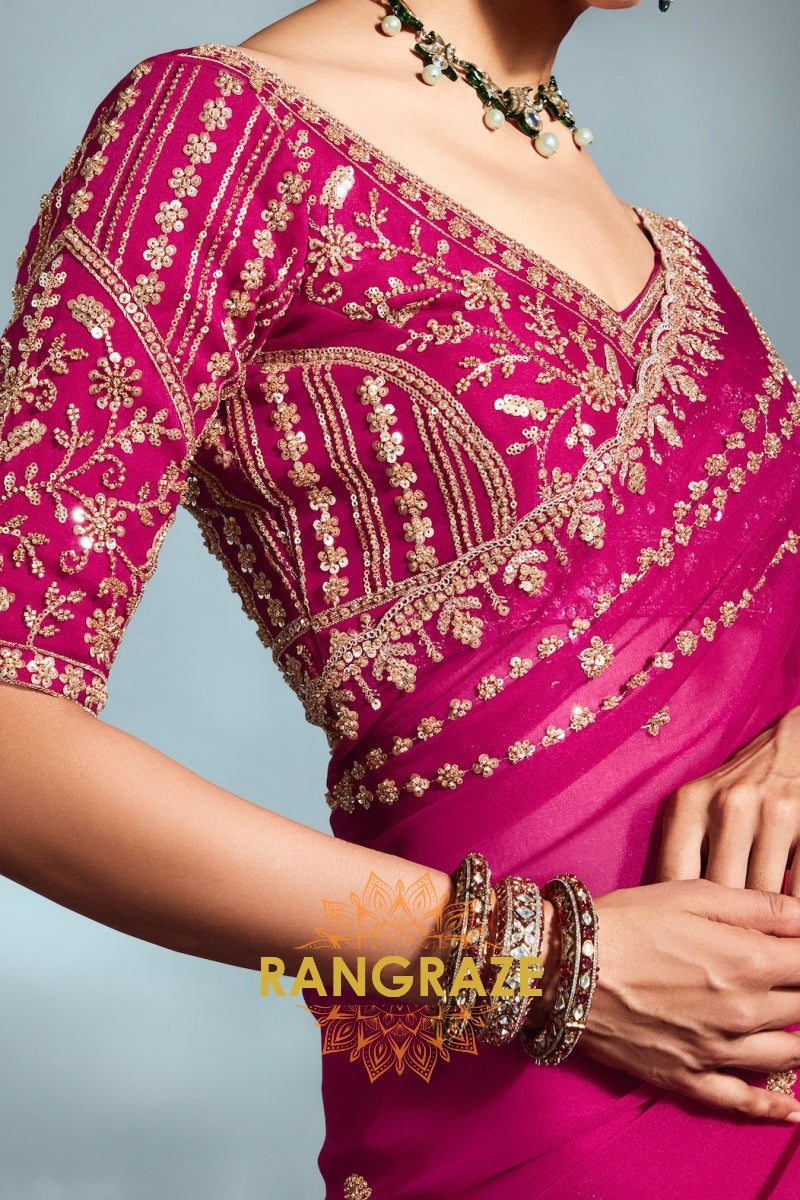 Pure Organza Embroidered Saree in Fuchsia Pink