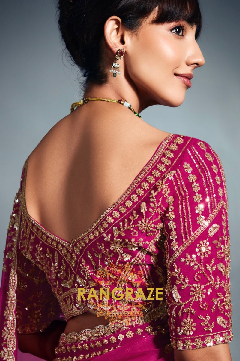 Pure Organza Embroidered Saree in Fuchsia Pink
