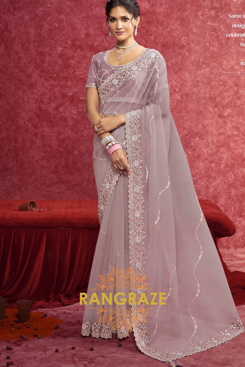 Dusty Mauve Crush Tissue Embroidered Saree
