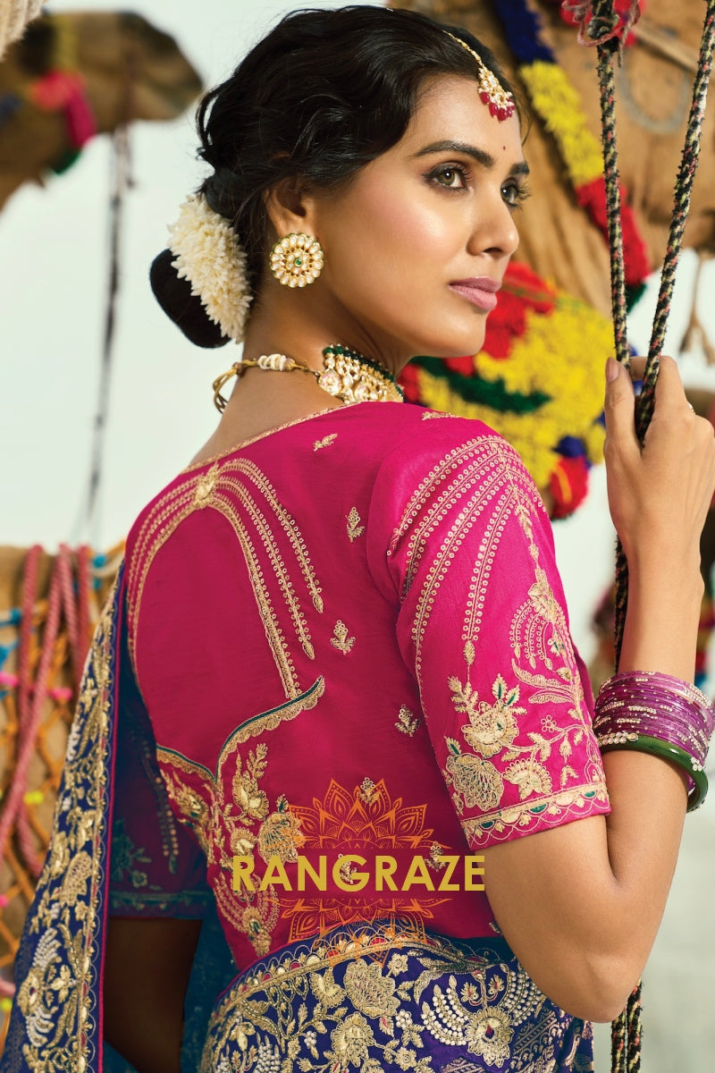 Royal Purple & Orange Pure Georgette Bandhej Saree with Heavy Handwork