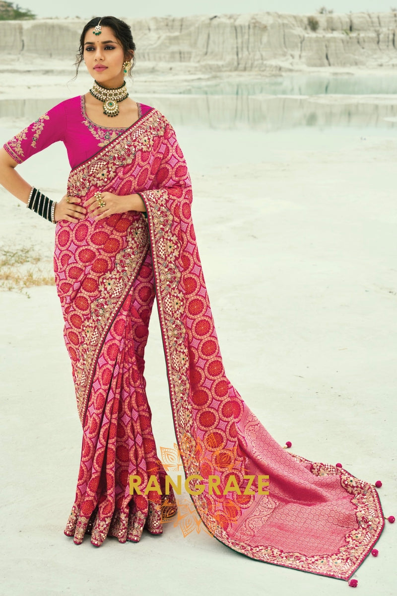 Pure Georgette Embroidered Bandhej Saree in Pink & Red