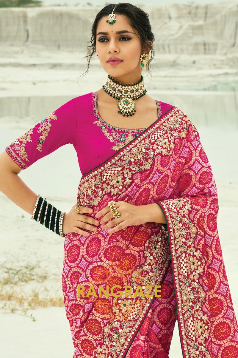 Pure Georgette Embroidered Bandhej Saree in Pink & Red