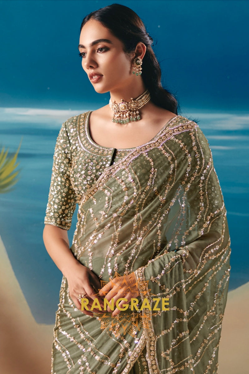 Olive Mist Satin Organza Saree with Intricate Sequin & Bead Work