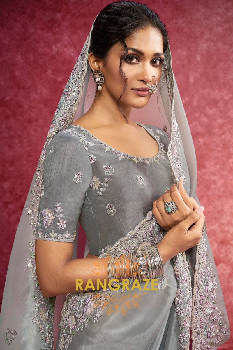 Fancy Organza Embroidered Saree in Smoky Grey