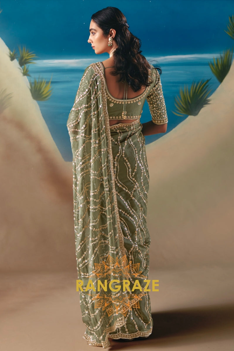 Olive Mist Satin Organza Saree with Intricate Sequin & Bead Work