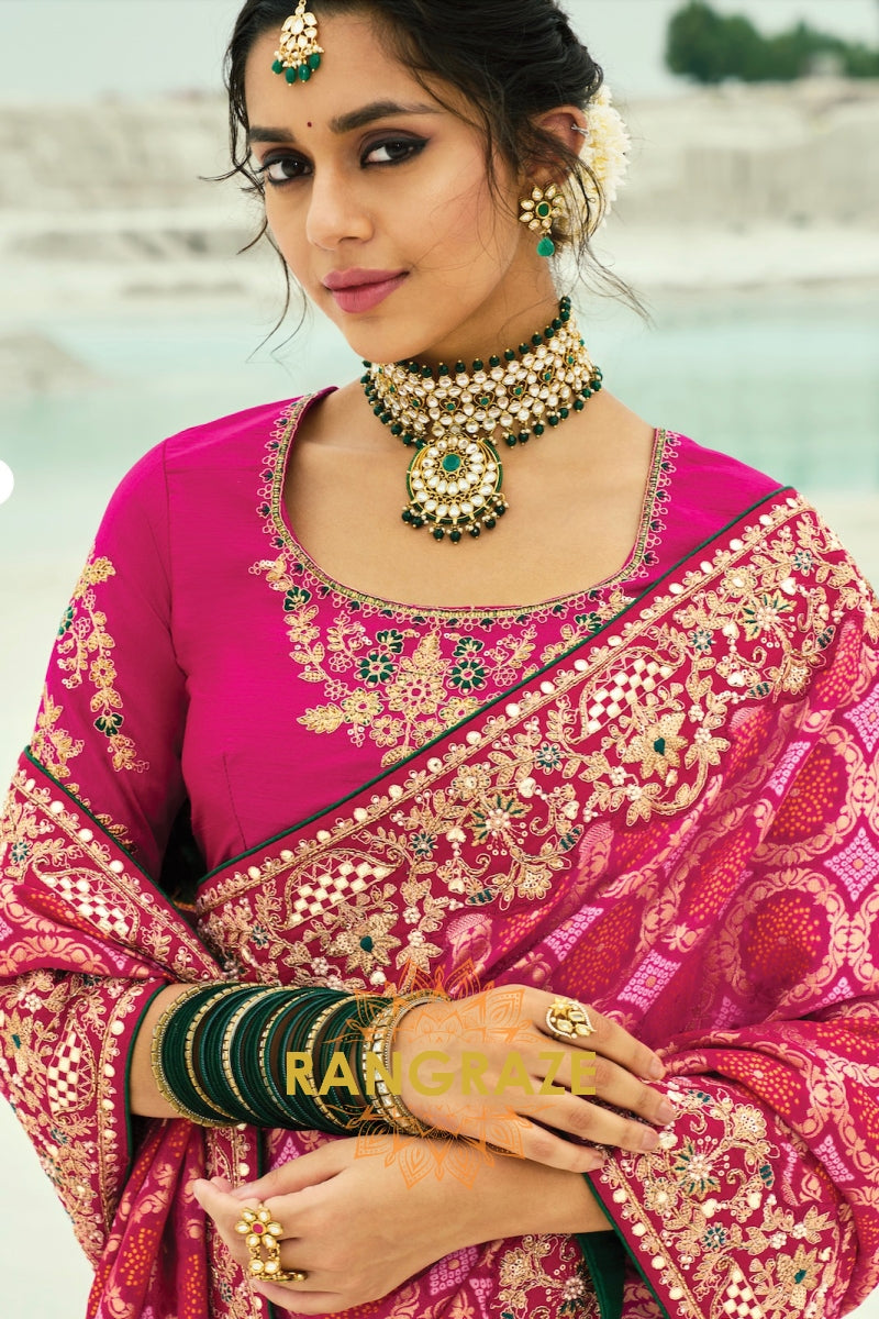 Pure Georgette Embroidered Bandhej Saree in Pink & Red