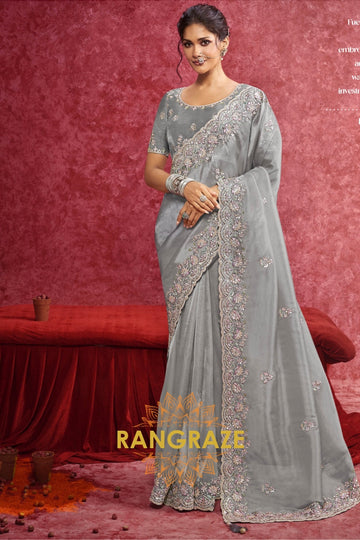 Fancy Organza Embroidered Saree in Smoky Grey