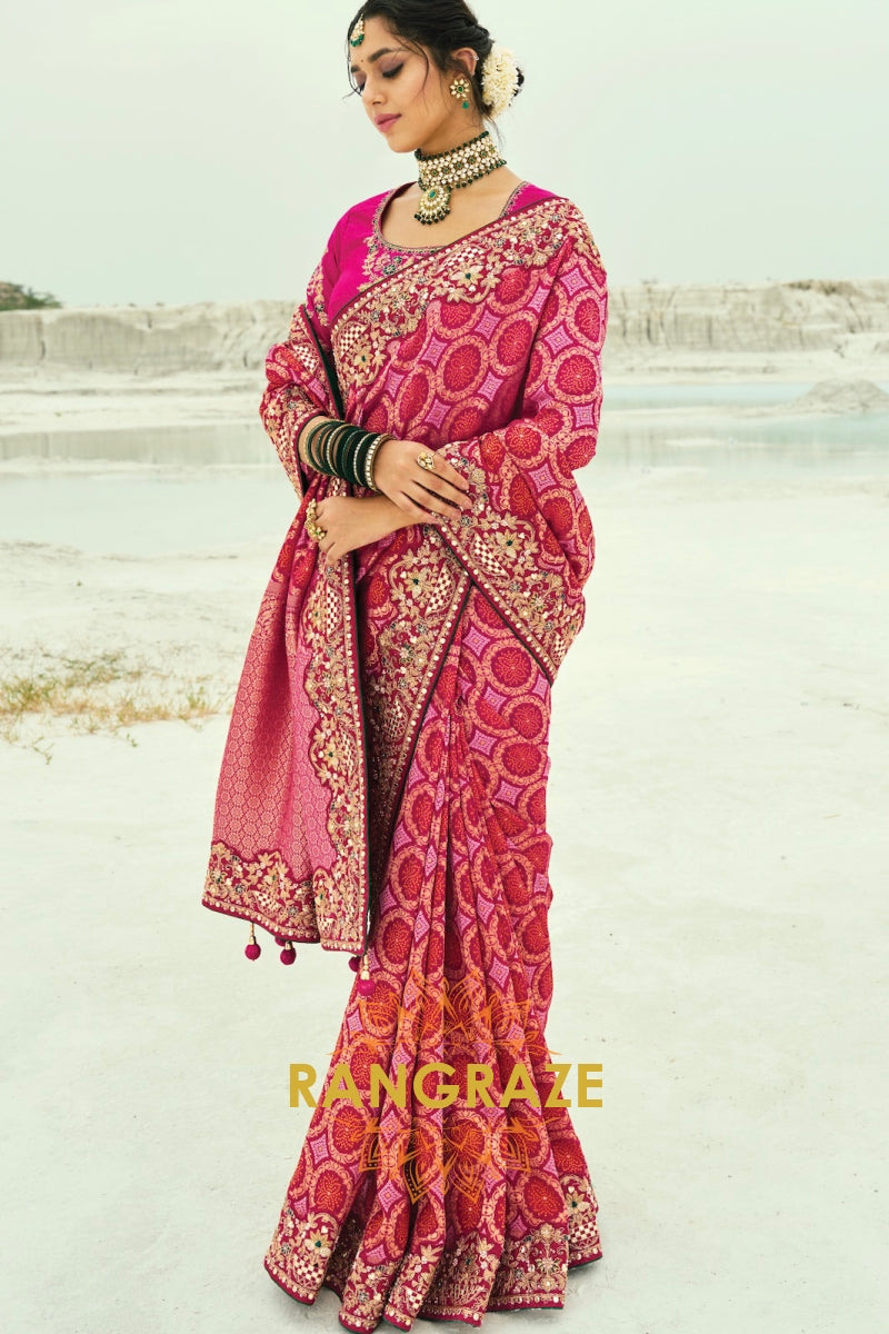 Pure Georgette Embroidered Bandhej Saree in Pink & Red