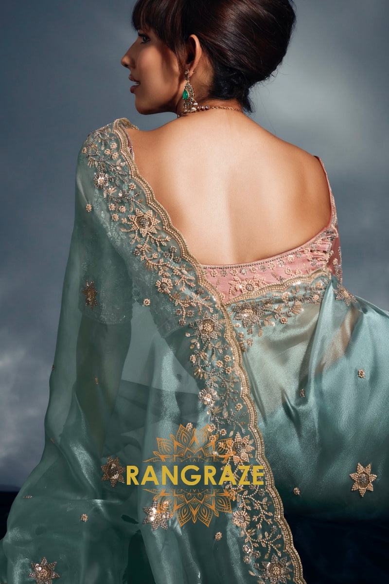 Pure Organza Embroidered Saree in Aqua Blue