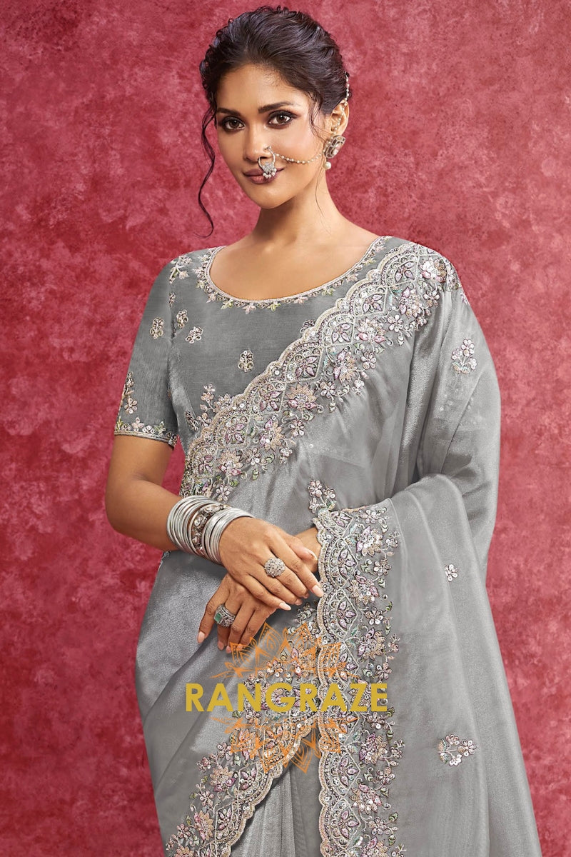 Fancy Organza Embroidered Saree in Smoky Grey