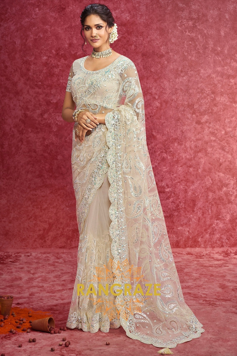 Net Embroidered Saree in Ivory Beige