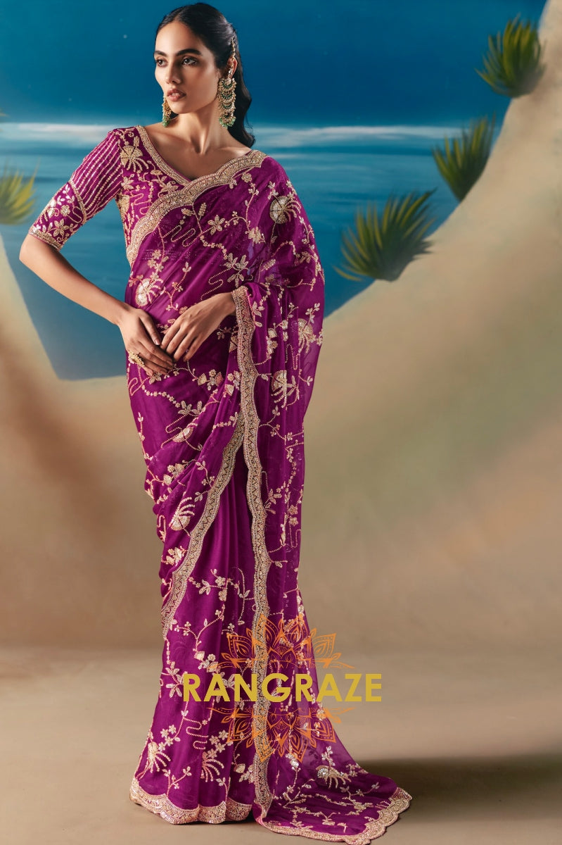 Regal Plum Satin Organza Saree with Designer Embroidery & Sequin Stone Work