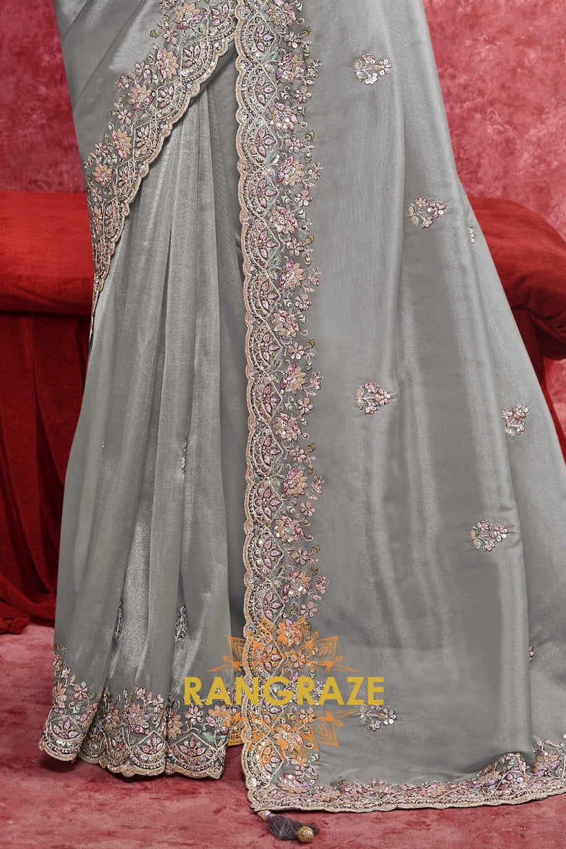 Fancy Organza Embroidered Saree in Smoky Grey