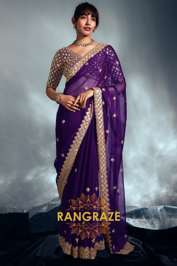 Tissue Organza Embroidered Saree in Royal Purple