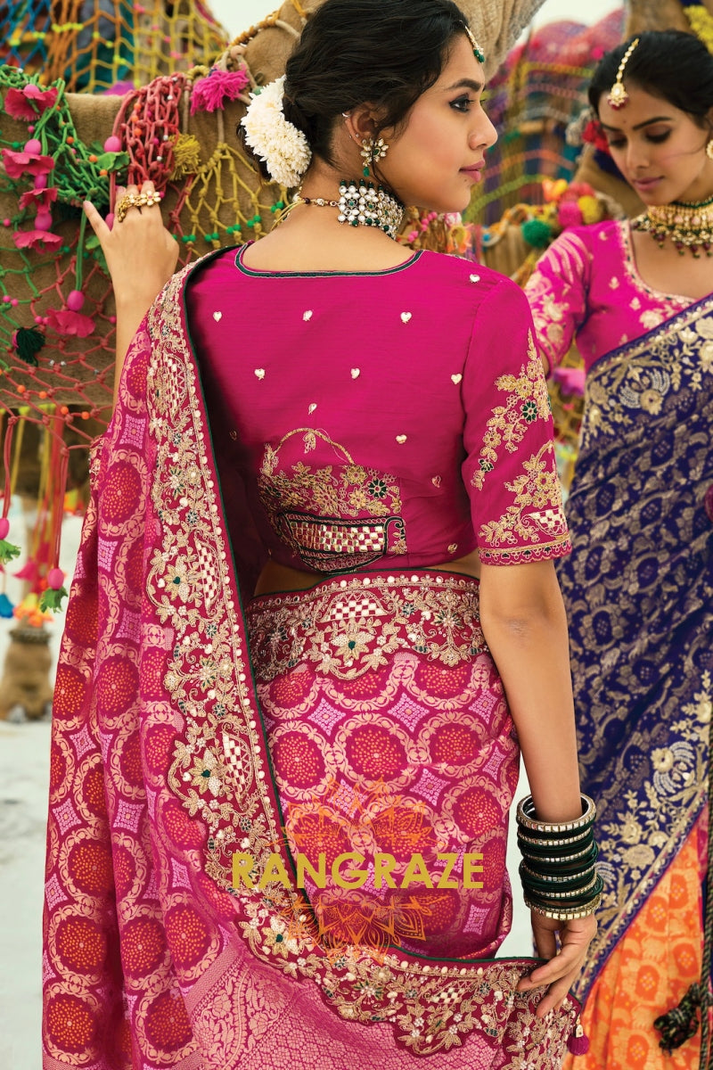 Pure Georgette Embroidered Bandhej Saree in Pink & Red