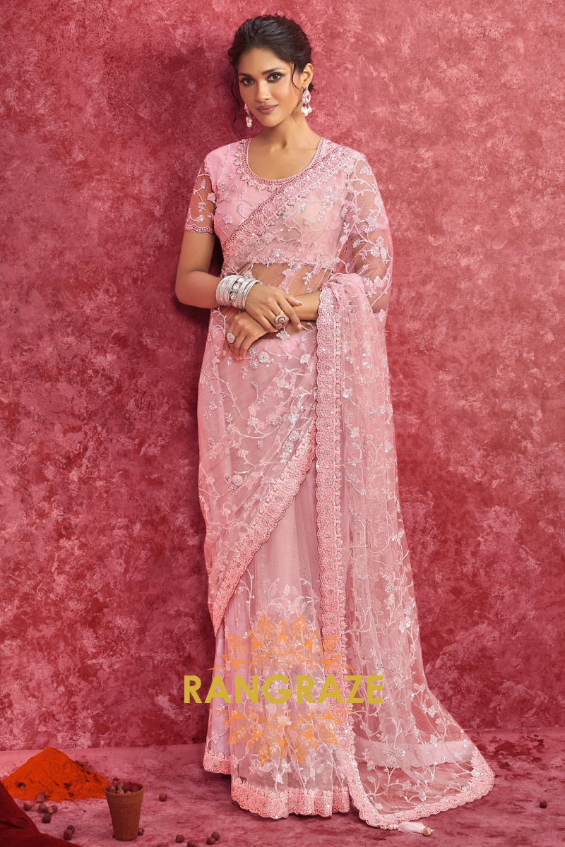 Delicate Net Embroidered Saree in Blush Pink
