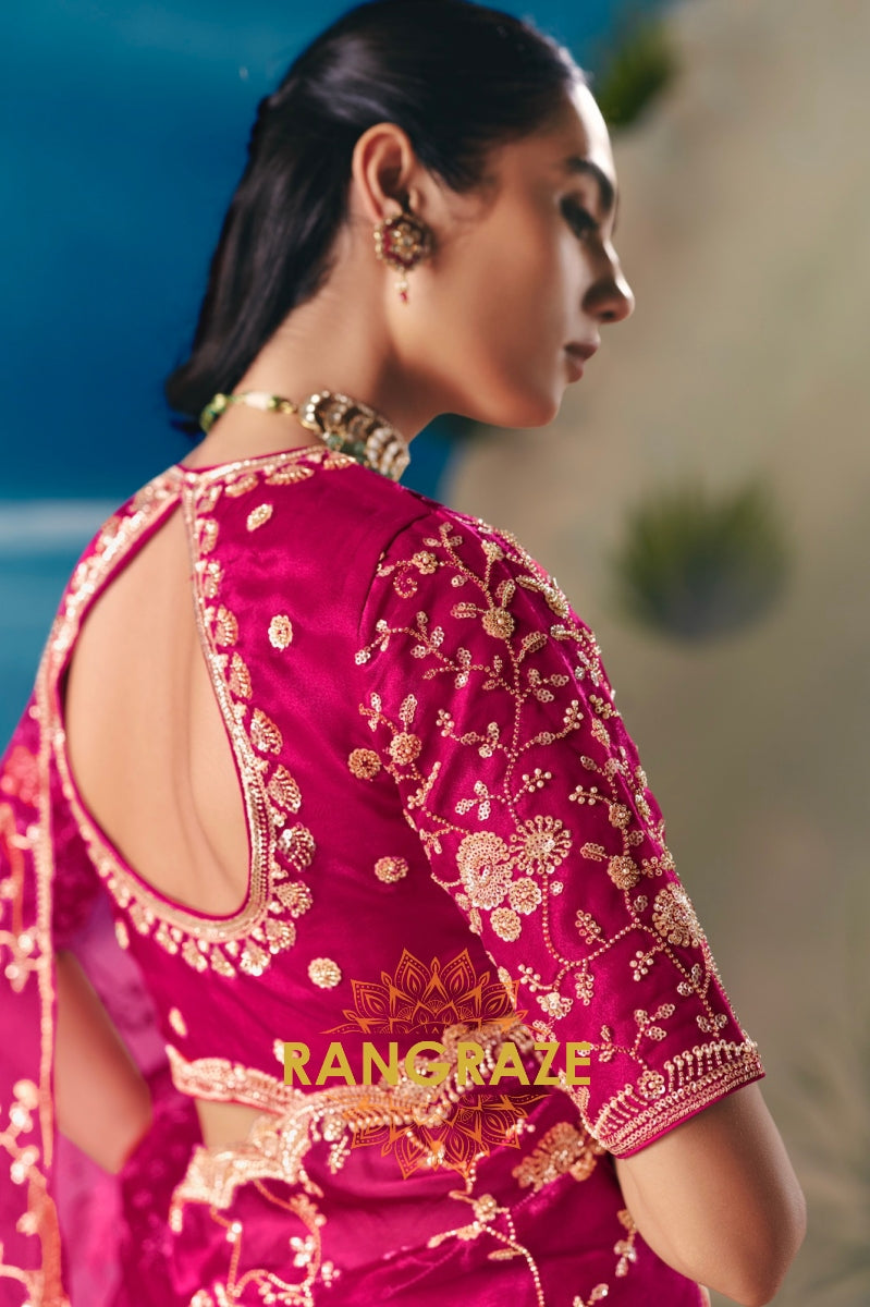 Radiant Fuchsia Satin Organza Saree with Intricate Embroidery & Sequin Detailing