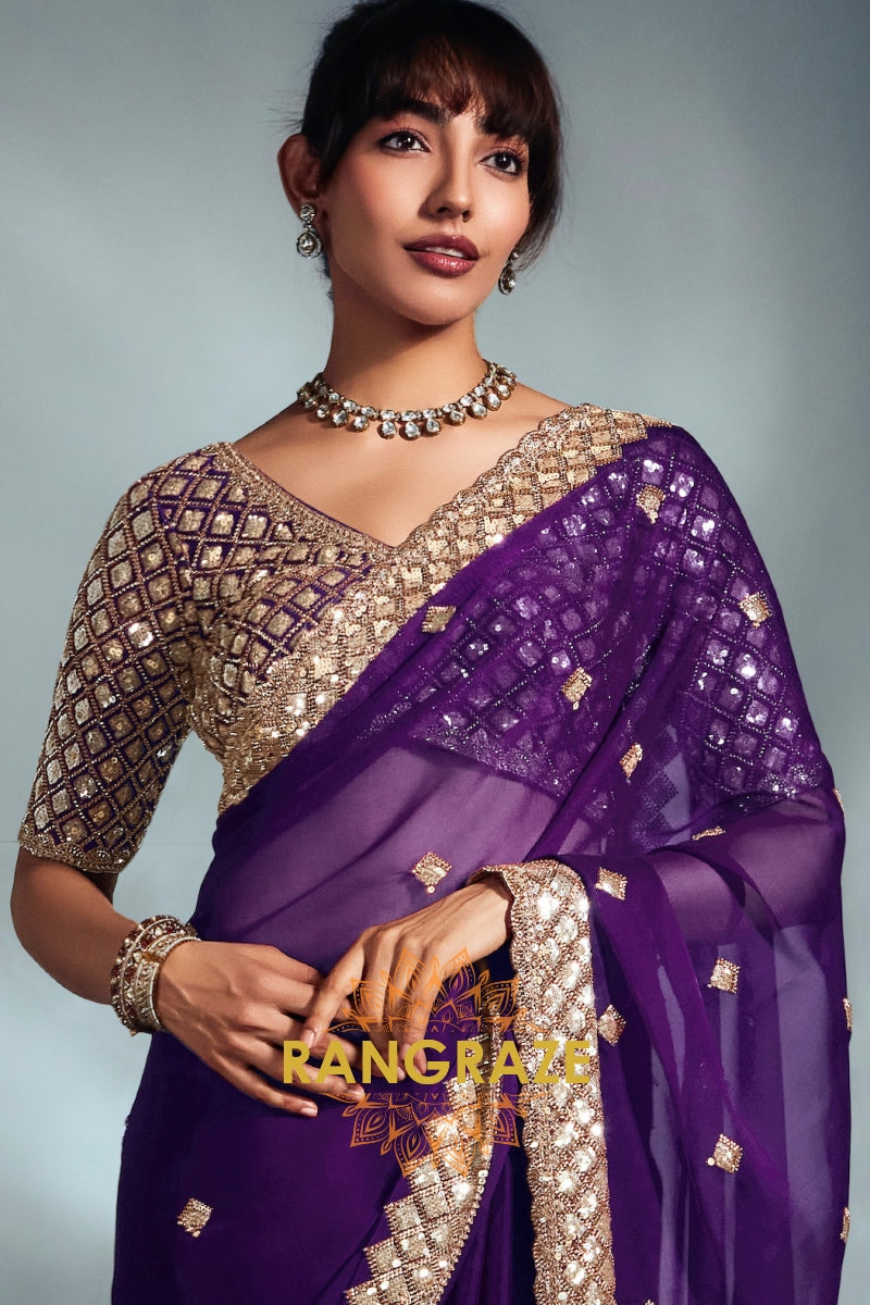 Tissue Organza Embroidered Saree in Royal Purple