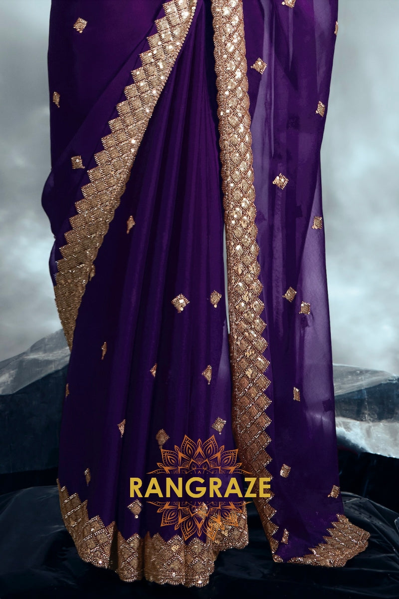 Tissue Organza Embroidered Saree in Royal Purple