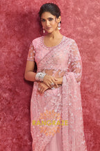 Delicate Net Embroidered Saree in Blush Pink