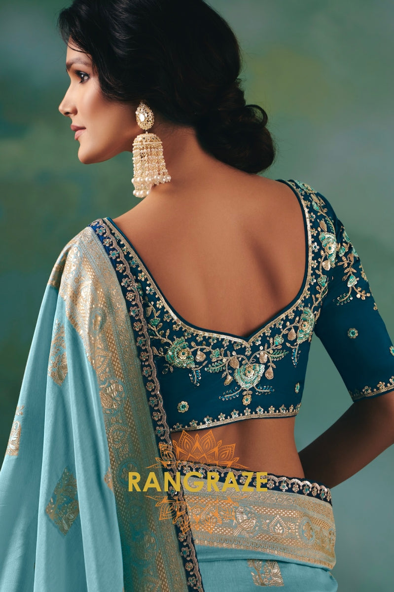 Azure Bloom Silk Saree with Zari Weaving & Embroidered Contrast Blouse