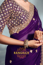 Tissue Organza Embroidered Saree in Royal Purple