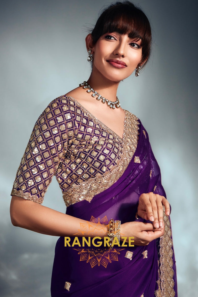 Tissue Organza Embroidered Saree in Royal Purple