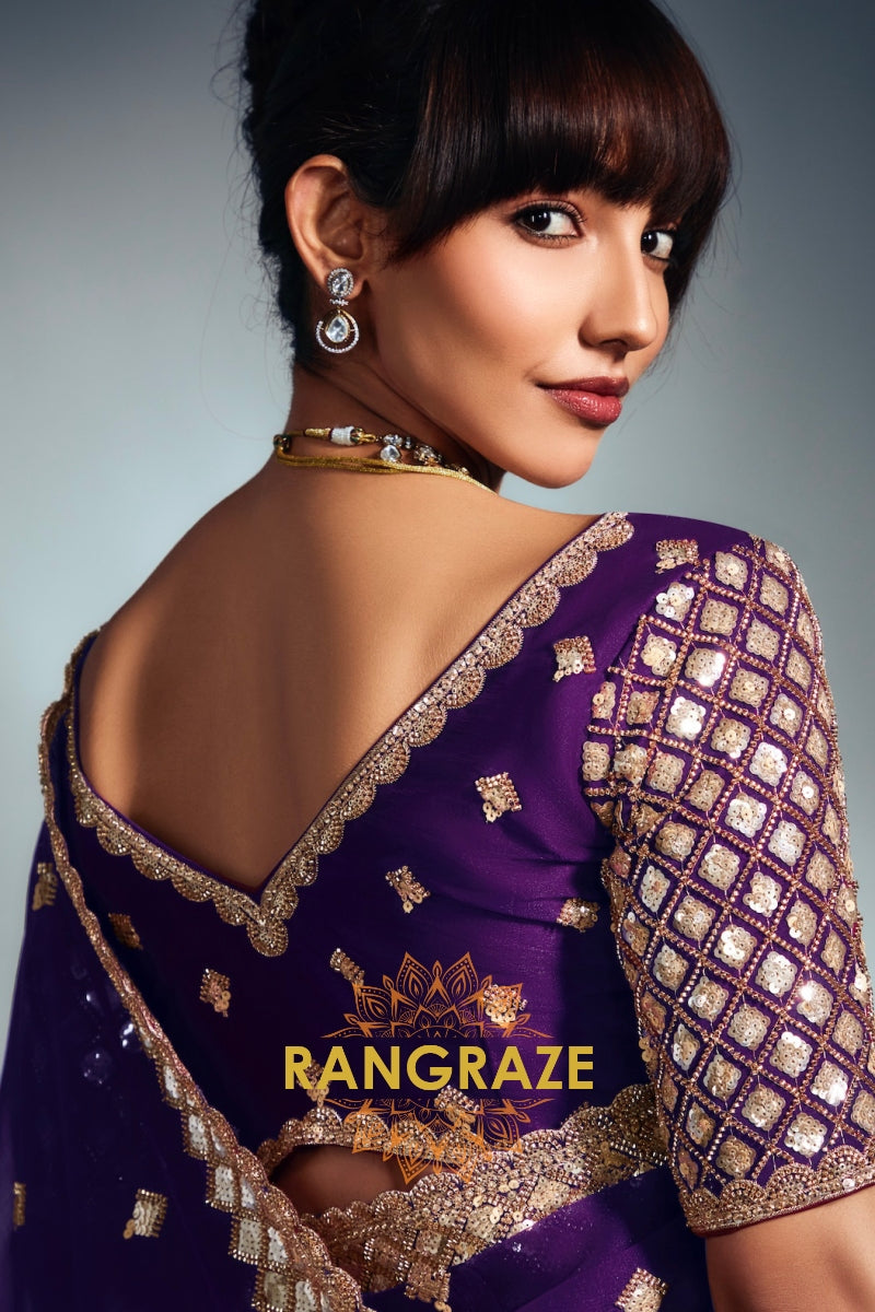 Tissue Organza Embroidered Saree in Royal Purple