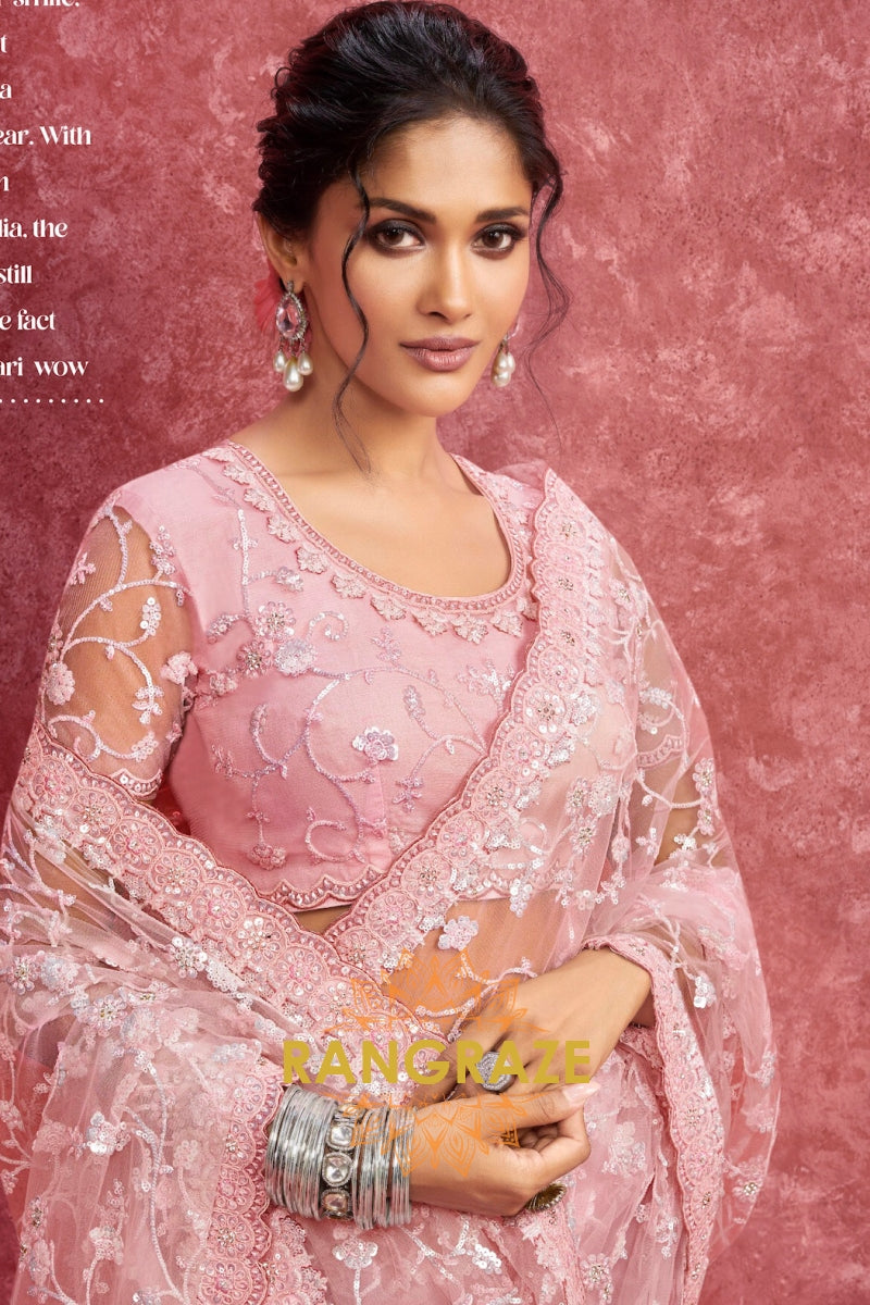 Delicate Net Embroidered Saree in Blush Pink