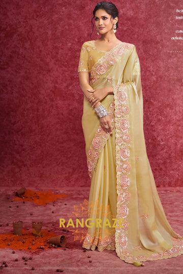 Organza Tissue Saree in a regal mustard-gold