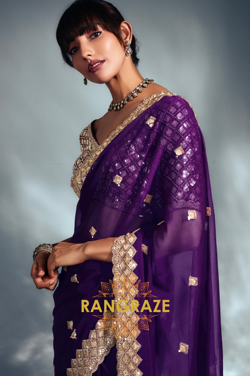 Tissue Organza Embroidered Saree in Royal Purple
