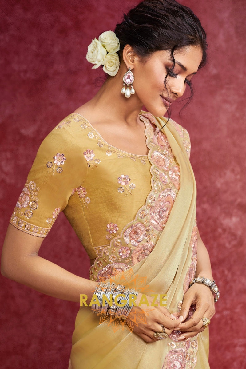 Organza Tissue Saree in a regal mustard-gold
