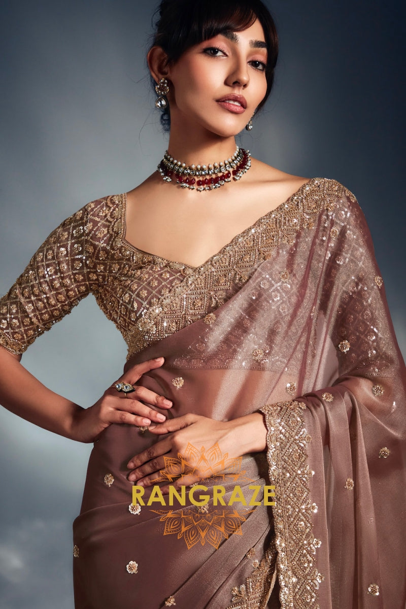 Tissue Organza Embroidered Saree in Mocha Brown